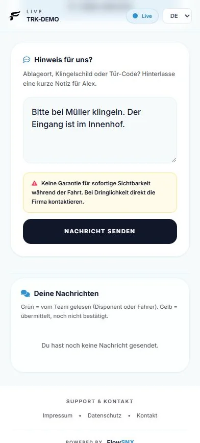 Ein kurzer Hinweis für den Fahrer.