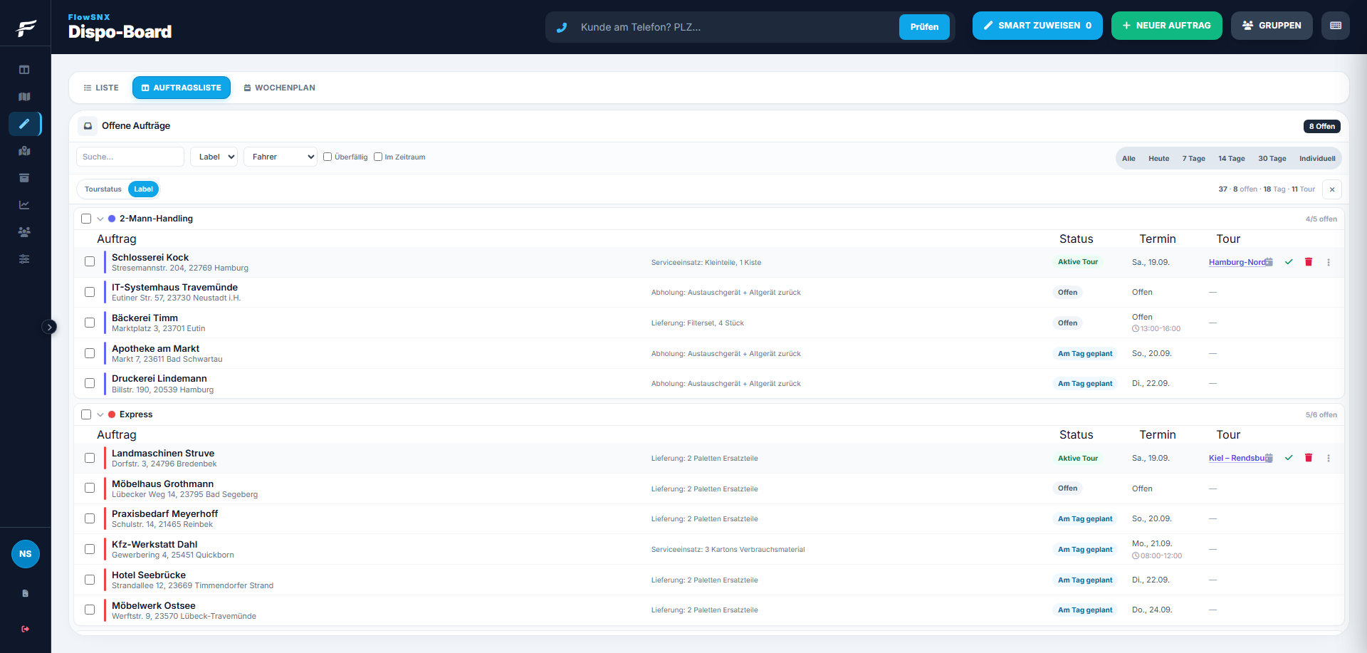 FlowSNX Dispo-Board: Auftragsliste als Tabelle mit Status und Tour