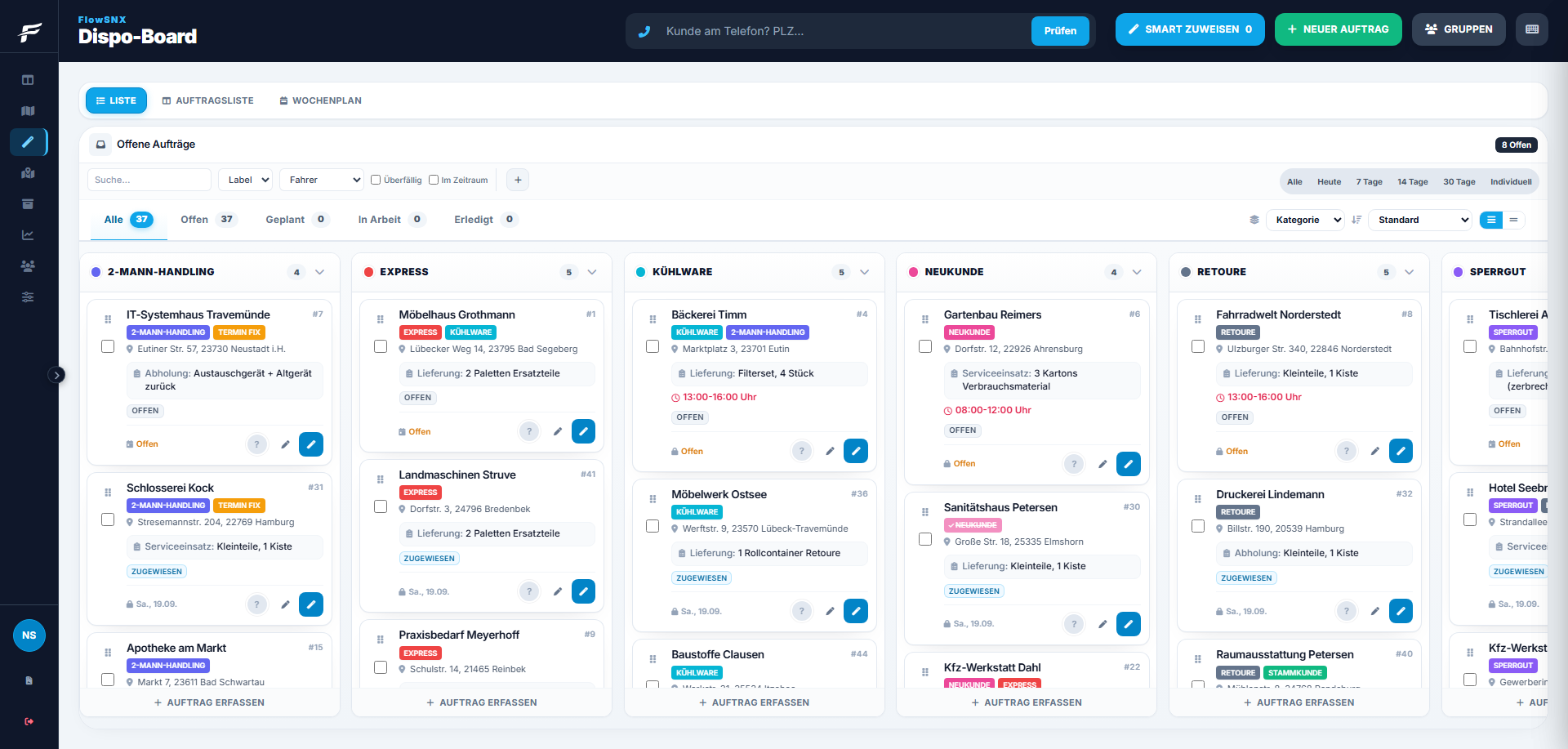 FlowSNX Dispo-Board: Board-Ansicht, nach Labels in Spalten gruppiert