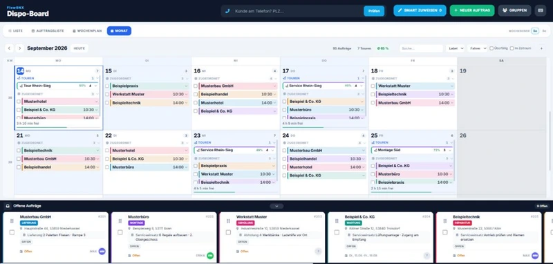 FlowSNX Monatsplan: Kalender mit Touren, Aufträgen und Auslastung – Originalansicht mit Beispieldaten