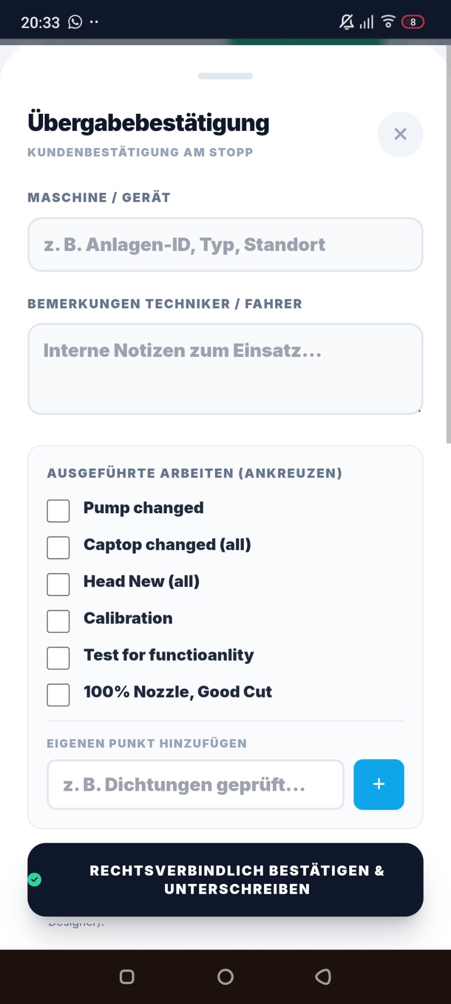 Digitale Übergabebestätigung mit eigenen Prüfpunkten zum Ankreuzen und Freitext-Feldern