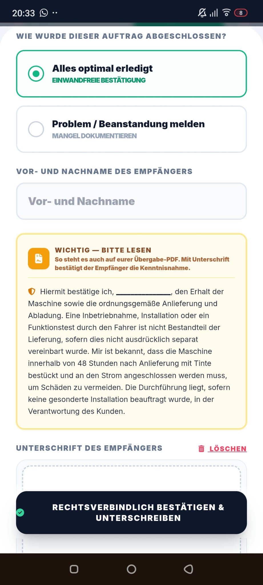 Kunde bestätigt rechtsverbindlich und unterschreibt auf dem Display