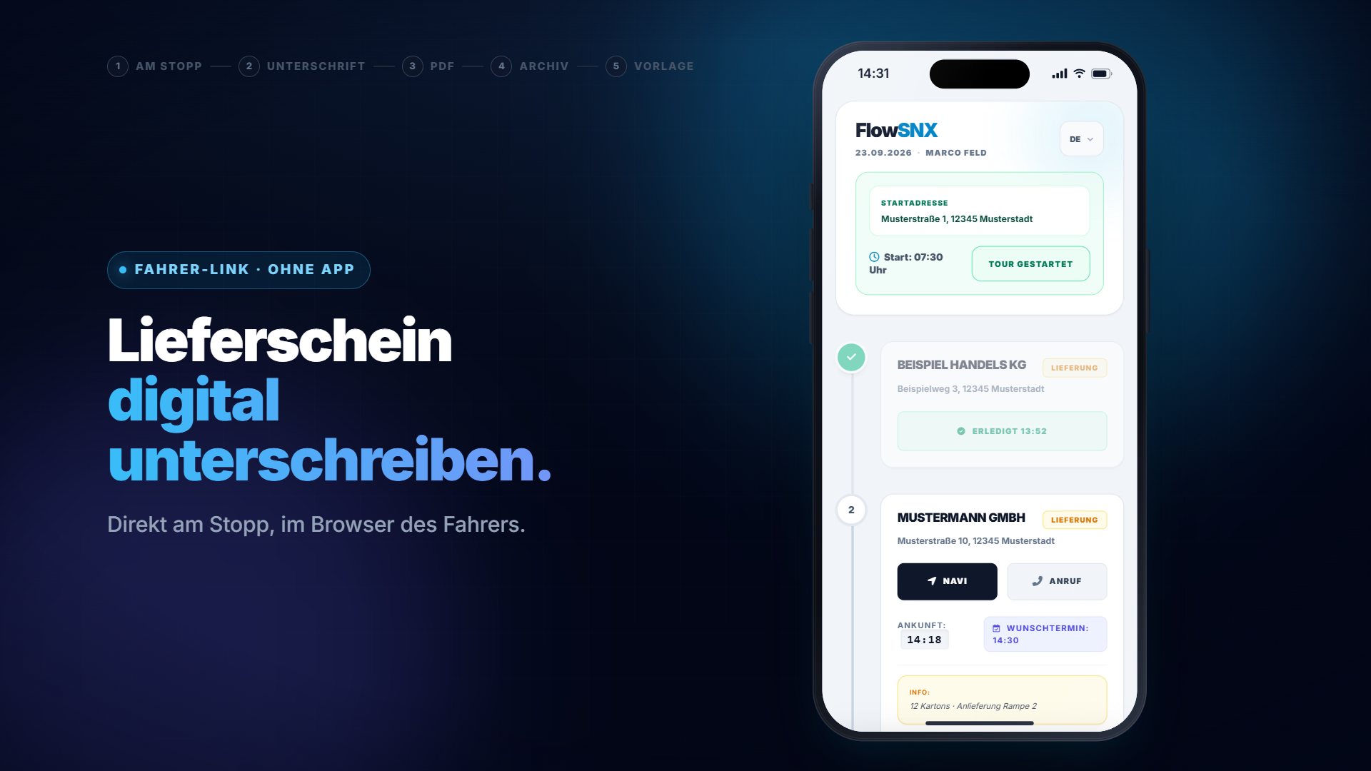 Lieferschein digital unterschreiben: FlowSNX-Fahrer-Link auf dem Smartphone mit der Stoppliste der Tour