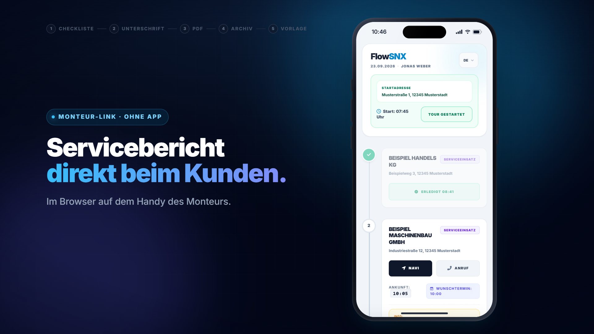 Servicebericht digital erstellen: FlowSNX-Monteur-Link auf dem Smartphone mit den Einsätzen des Tages
